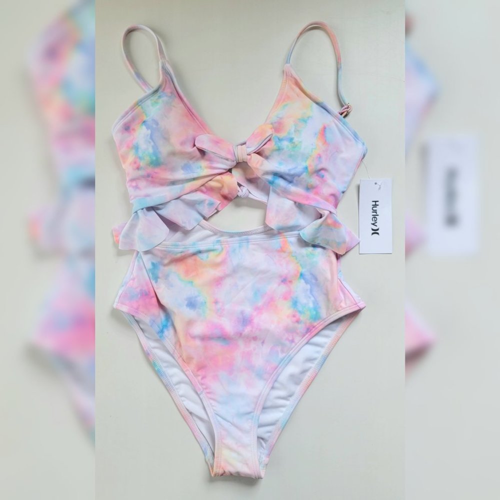 NWT Hurley Rainbow Tie Dye Ruffle 1PC Swimsuit